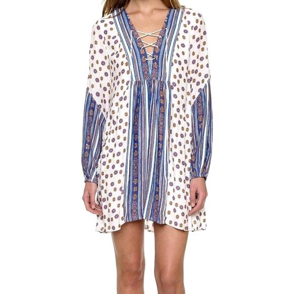 Free People Rain Shine Printed Lace-Up Swing Dress Floral Stripe Boho Mini Sz S - Picture 1 of 9